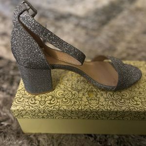 Brand new never worn Silver sparkle block heel